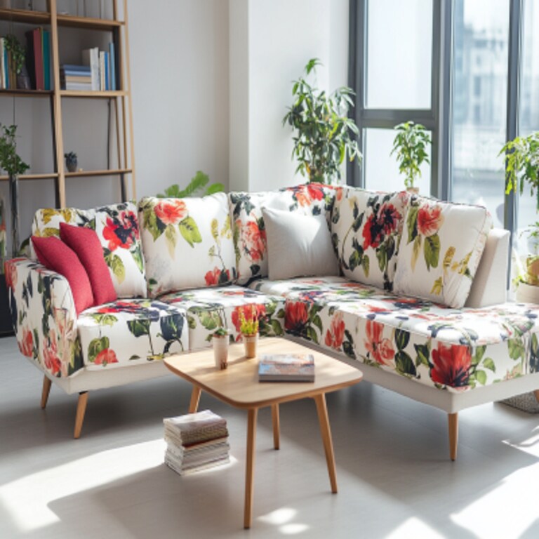 Modern Living Room Design with Floral Sectional Sofa and Coffee Table